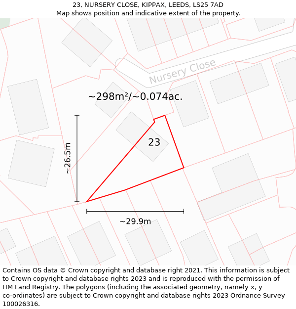 23, NURSERY CLOSE, KIPPAX, LEEDS, LS25 7AD: Plot and title map