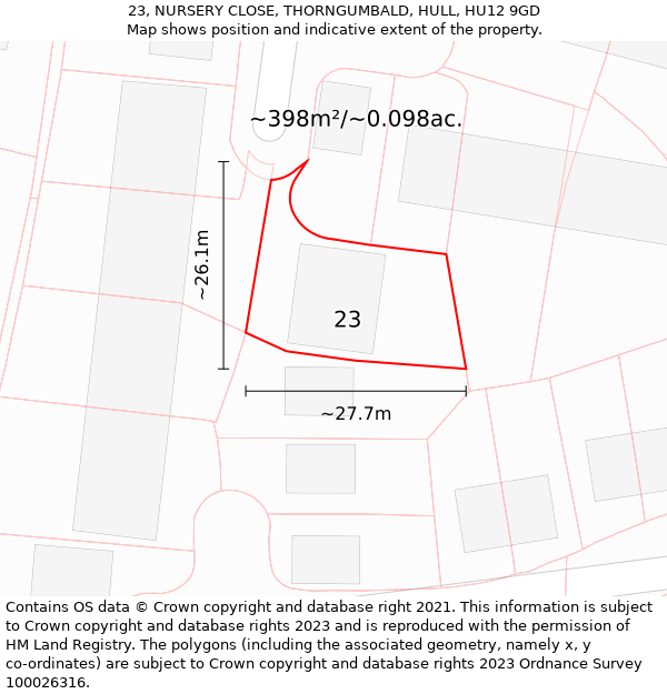 23, NURSERY CLOSE, THORNGUMBALD, HULL, HU12 9GD: Plot and title map