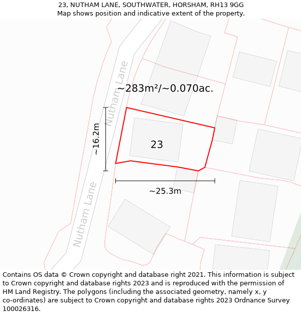 23, NUTHAM LANE, SOUTHWATER, HORSHAM, RH13 9GG: Plot and title map