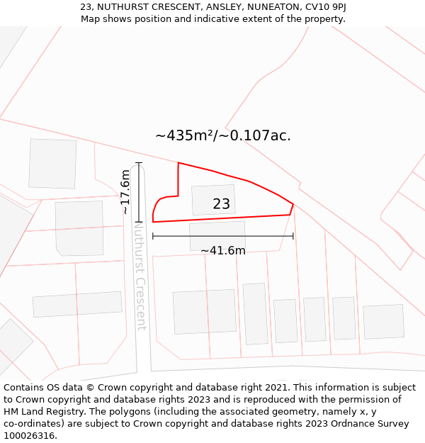 23, NUTHURST CRESCENT, ANSLEY, NUNEATON, CV10 9PJ: Plot and title map