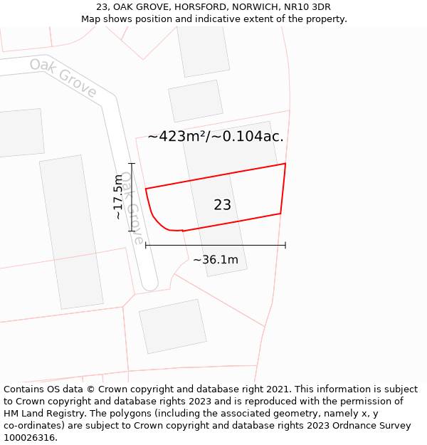 23, OAK GROVE, HORSFORD, NORWICH, NR10 3DR: Plot and title map