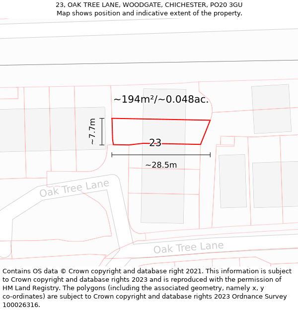 23, OAK TREE LANE, WOODGATE, CHICHESTER, PO20 3GU: Plot and title map