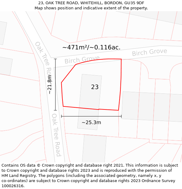 23, OAK TREE ROAD, WHITEHILL, BORDON, GU35 9DF: Plot and title map