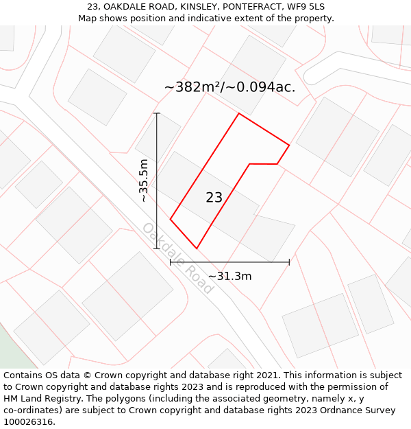 23, OAKDALE ROAD, KINSLEY, PONTEFRACT, WF9 5LS: Plot and title map