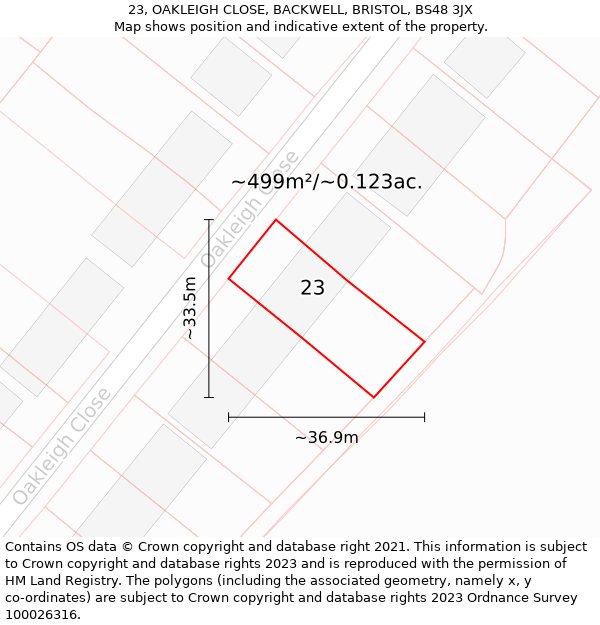 23, OAKLEIGH CLOSE, BACKWELL, BRISTOL, BS48 3JX: Plot and title map
