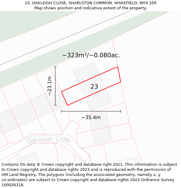 23, OAKLEIGH CLOSE, SHARLSTON COMMON, WAKEFIELD, WF4 1ER: Plot and title map