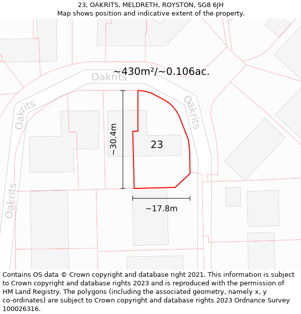 23, OAKRITS, MELDRETH, ROYSTON, SG8 6JH: Plot and title map