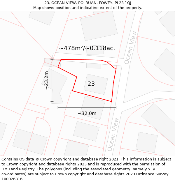 23, OCEAN VIEW, POLRUAN, FOWEY, PL23 1QJ: Plot and title map