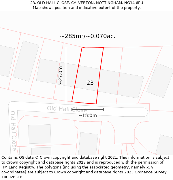 23, OLD HALL CLOSE, CALVERTON, NOTTINGHAM, NG14 6PU: Plot and title map