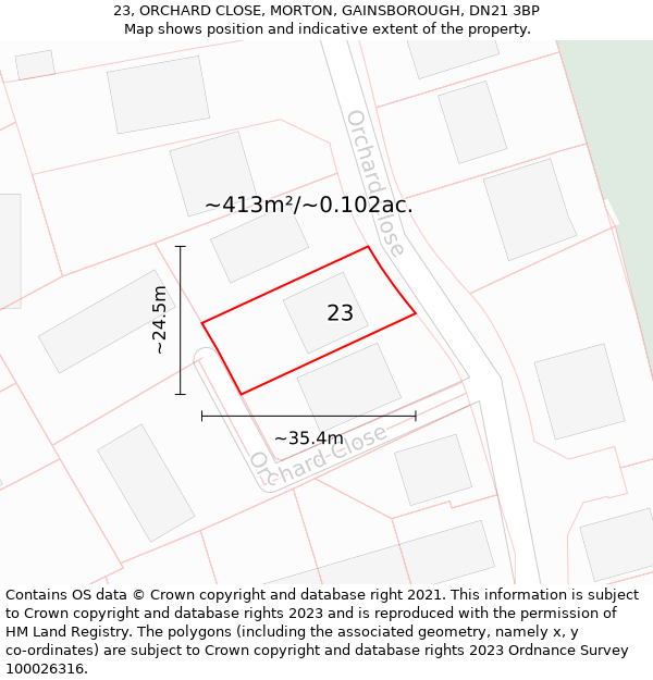 23, ORCHARD CLOSE, MORTON, GAINSBOROUGH, DN21 3BP: Plot and title map