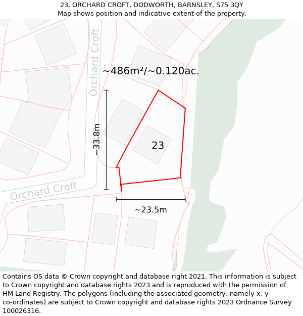 23, ORCHARD CROFT, DODWORTH, BARNSLEY, S75 3QY: Plot and title map