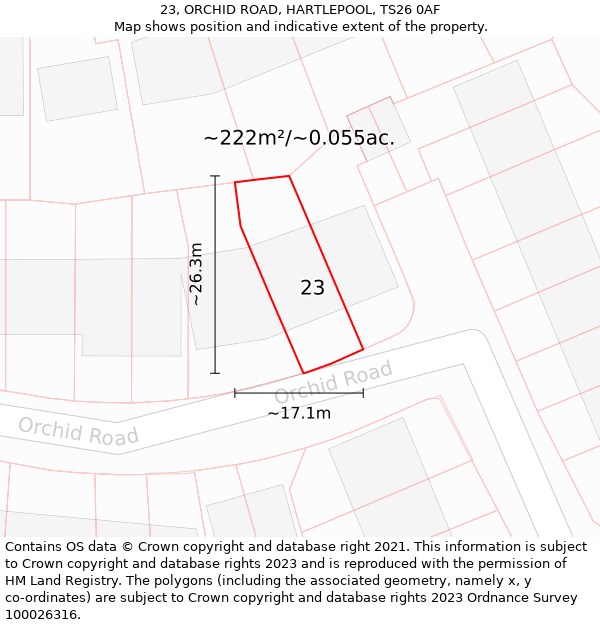 23, ORCHID ROAD, HARTLEPOOL, TS26 0AF: Plot and title map