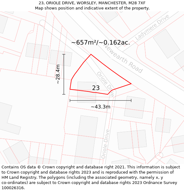 23, ORIOLE DRIVE, WORSLEY, MANCHESTER, M28 7XF: Plot and title map