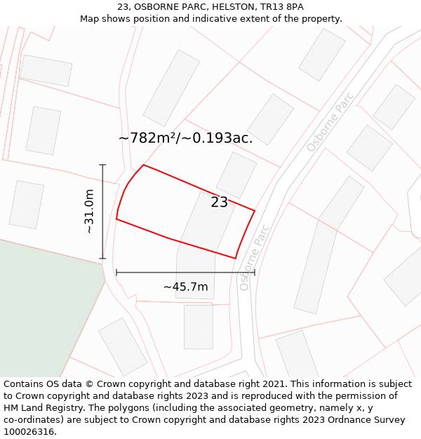 23, OSBORNE PARC, HELSTON, TR13 8PA: Plot and title map