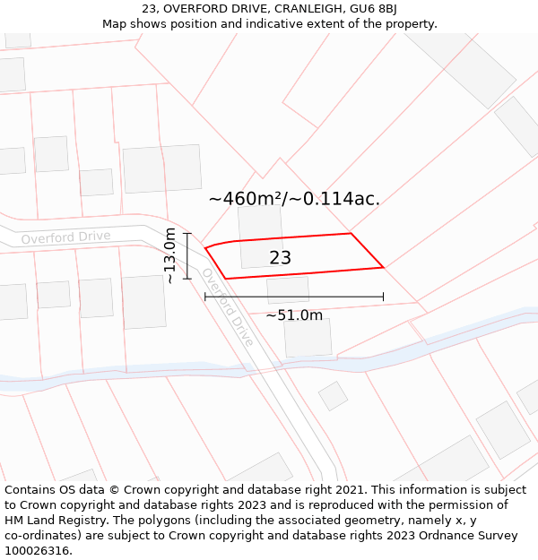 23, OVERFORD DRIVE, CRANLEIGH, GU6 8BJ: Plot and title map