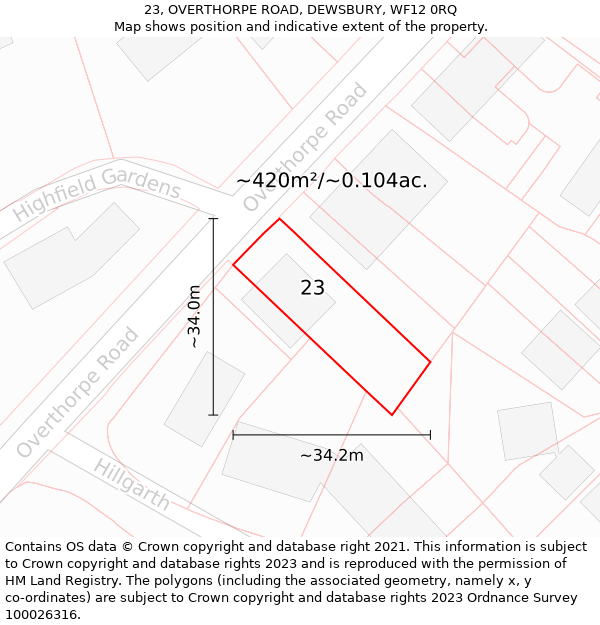 23, OVERTHORPE ROAD, DEWSBURY, WF12 0RQ: Plot and title map