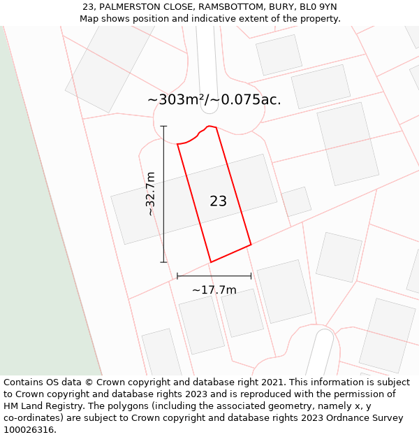 23, PALMERSTON CLOSE, RAMSBOTTOM, BURY, BL0 9YN: Plot and title map