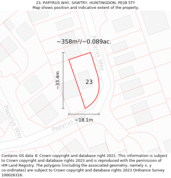 23, PAPYRUS WAY, SAWTRY, HUNTINGDON, PE28 5TY: Plot and title map