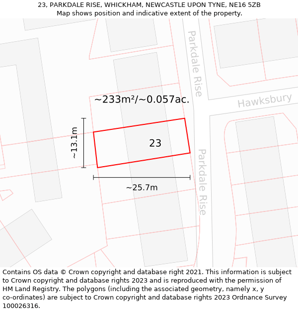 23, PARKDALE RISE, WHICKHAM, NEWCASTLE UPON TYNE, NE16 5ZB: Plot and title map