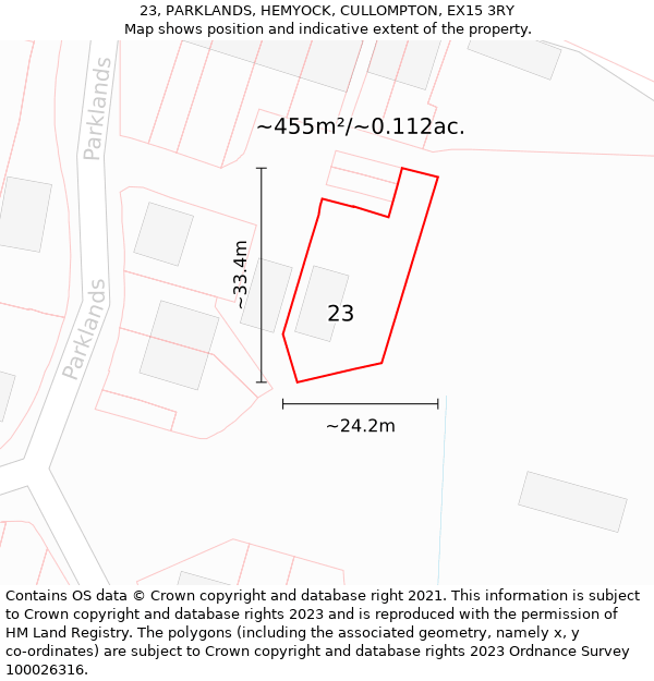 23, PARKLANDS, HEMYOCK, CULLOMPTON, EX15 3RY: Plot and title map