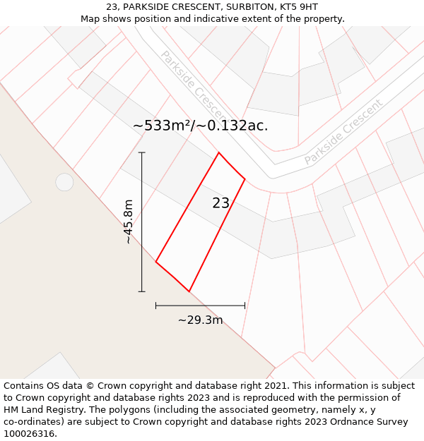 23, PARKSIDE CRESCENT, SURBITON, KT5 9HT: Plot and title map