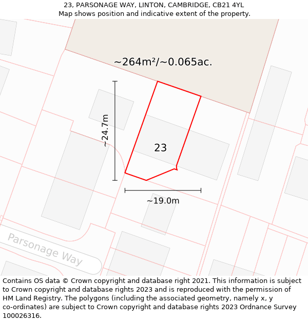 23, PARSONAGE WAY, LINTON, CAMBRIDGE, CB21 4YL: Plot and title map