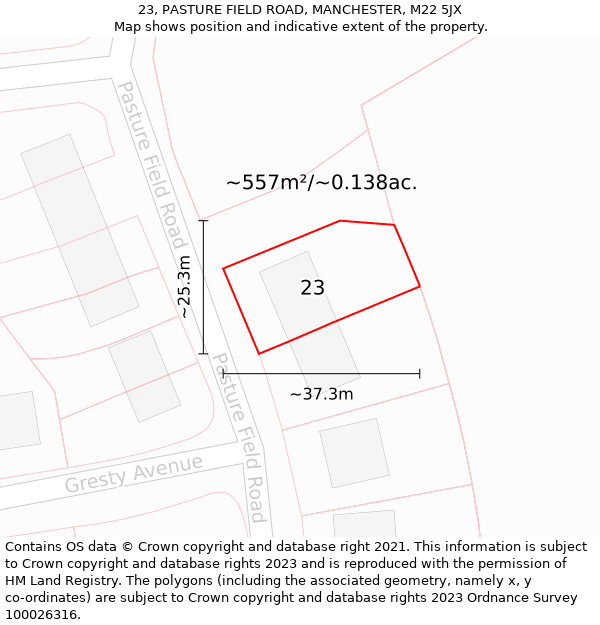 23, PASTURE FIELD ROAD, MANCHESTER, M22 5JX: Plot and title map