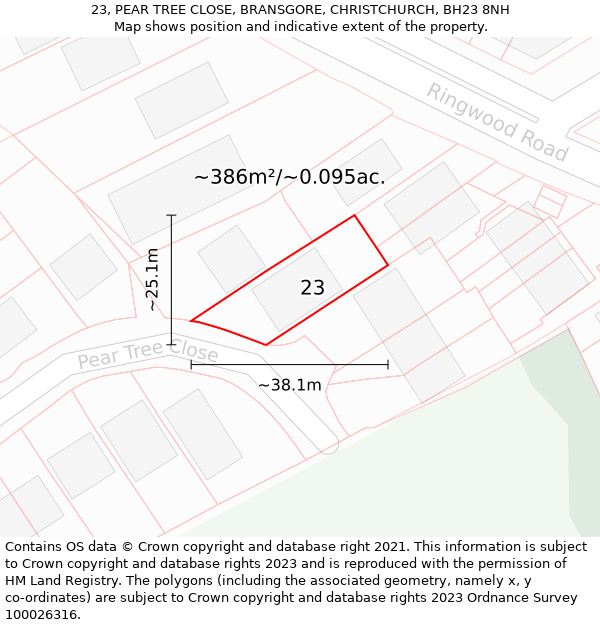 23, PEAR TREE CLOSE, BRANSGORE, CHRISTCHURCH, BH23 8NH: Plot and title map