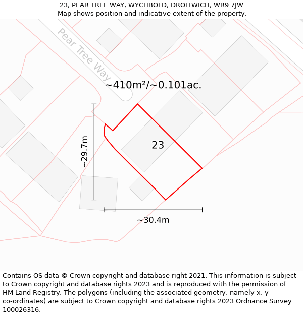 23, PEAR TREE WAY, WYCHBOLD, DROITWICH, WR9 7JW: Plot and title map