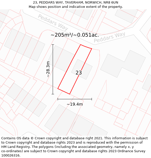 23, PEDDARS WAY, TAVERHAM, NORWICH, NR8 6UN: Plot and title map