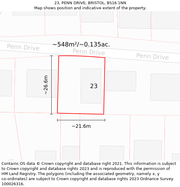 23, PENN DRIVE, BRISTOL, BS16 1NN: Plot and title map