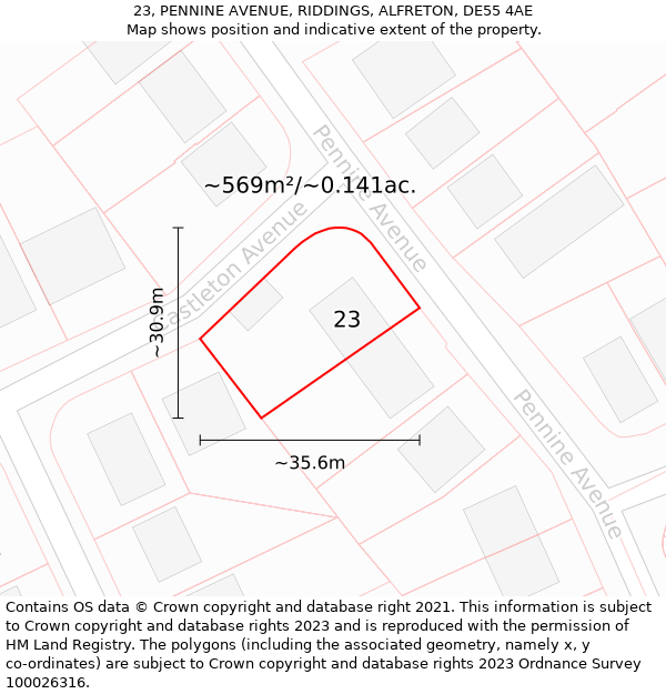 23, PENNINE AVENUE, RIDDINGS, ALFRETON, DE55 4AE: Plot and title map