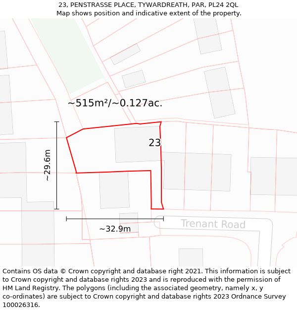 23, PENSTRASSE PLACE, TYWARDREATH, PAR, PL24 2QL: Plot and title map