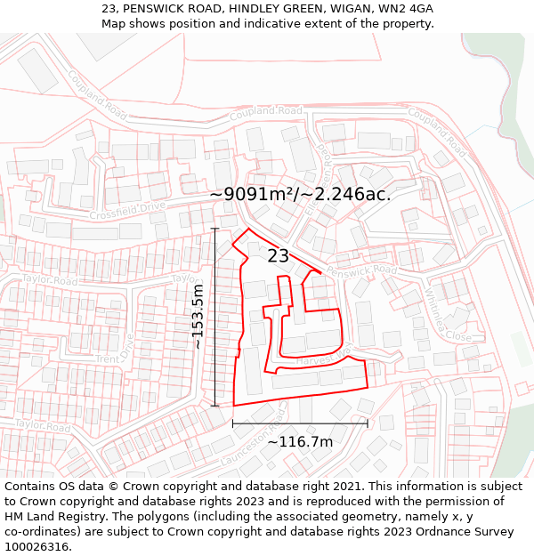 23, PENSWICK ROAD, HINDLEY GREEN, WIGAN, WN2 4GA: Plot and title map