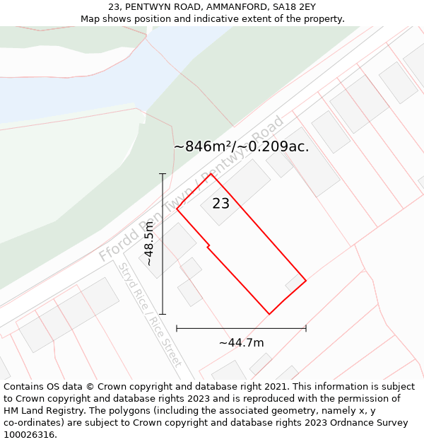 23, PENTWYN ROAD, AMMANFORD, SA18 2EY: Plot and title map