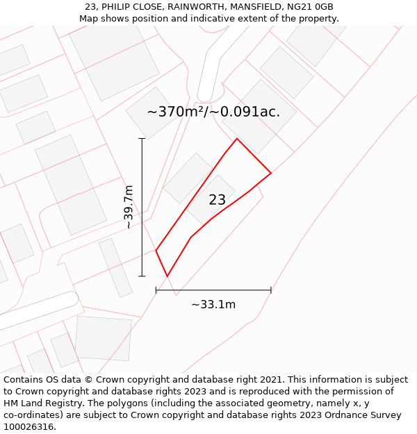 23, PHILIP CLOSE, RAINWORTH, MANSFIELD, NG21 0GB: Plot and title map