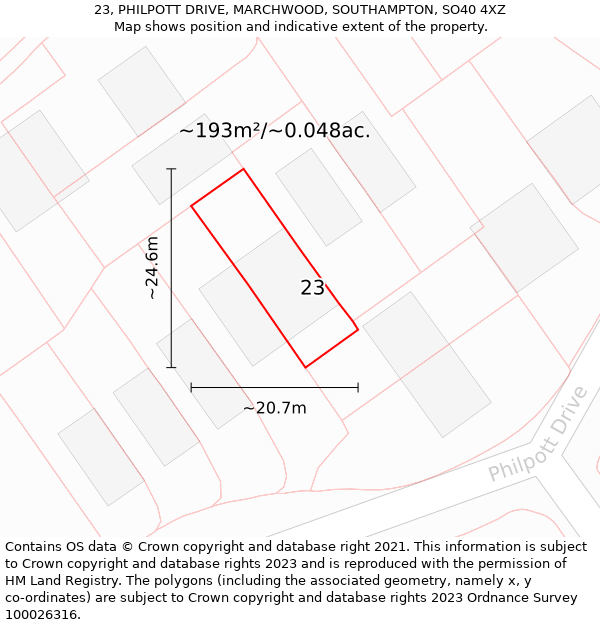 23, PHILPOTT DRIVE, MARCHWOOD, SOUTHAMPTON, SO40 4XZ: Plot and title map