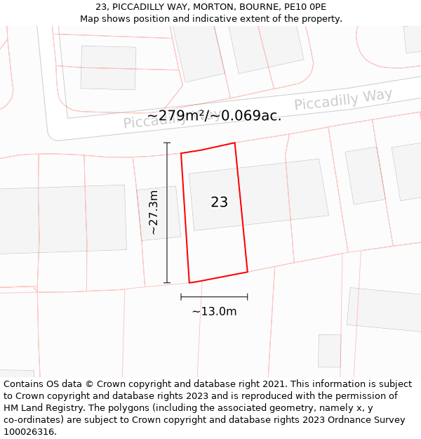 23, PICCADILLY WAY, MORTON, BOURNE, PE10 0PE: Plot and title map