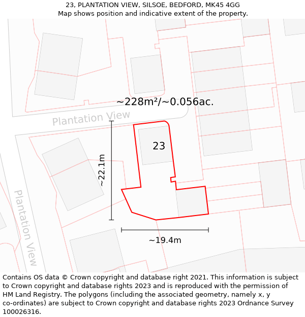 23, PLANTATION VIEW, SILSOE, BEDFORD, MK45 4GG: Plot and title map