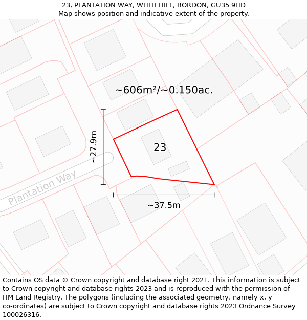 23, PLANTATION WAY, WHITEHILL, BORDON, GU35 9HD: Plot and title map