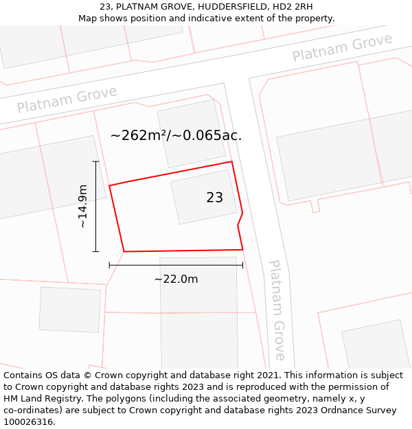 23, PLATNAM GROVE, HUDDERSFIELD, HD2 2RH: Plot and title map