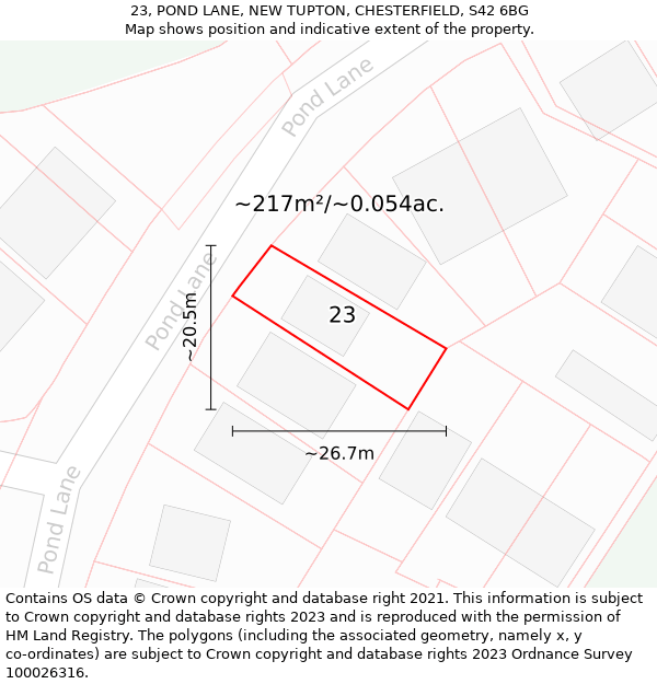 23, POND LANE, NEW TUPTON, CHESTERFIELD, S42 6BG: Plot and title map
