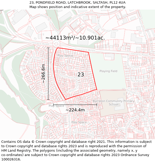 23, PONDFIELD ROAD, LATCHBROOK, SALTASH, PL12 4UA: Plot and title map