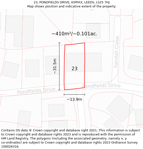 23, PONDFIELDS DRIVE, KIPPAX, LEEDS, LS25 7HJ: Plot and title map