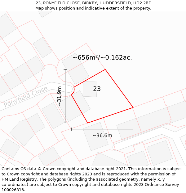 23, PONYFIELD CLOSE, BIRKBY, HUDDERSFIELD, HD2 2BF: Plot and title map