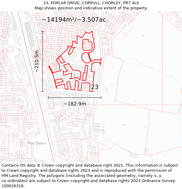 23, POPLAR DRIVE, COPPULL, CHORLEY, PR7 4LS: Plot and title map