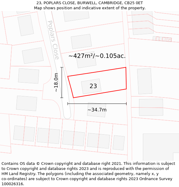 23, POPLARS CLOSE, BURWELL, CAMBRIDGE, CB25 0ET: Plot and title map