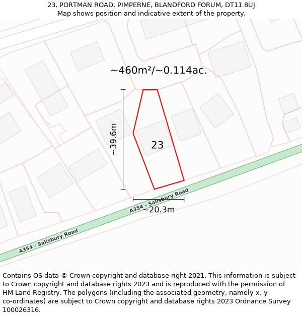 23, PORTMAN ROAD, PIMPERNE, BLANDFORD FORUM, DT11 8UJ: Plot and title map