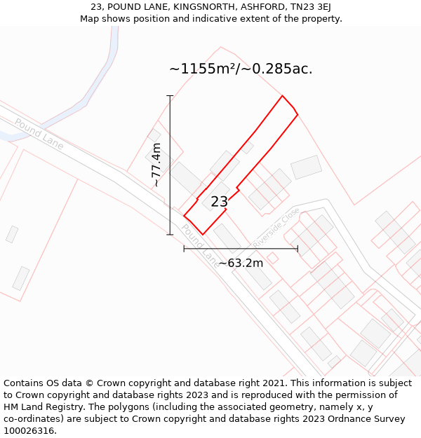 23, POUND LANE, KINGSNORTH, ASHFORD, TN23 3EJ: Plot and title map