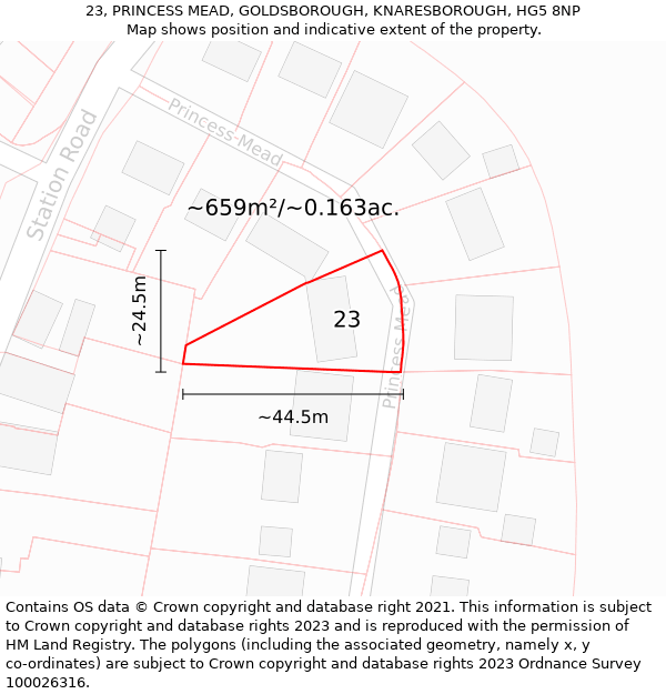 23, PRINCESS MEAD, GOLDSBOROUGH, KNARESBOROUGH, HG5 8NP: Plot and title map